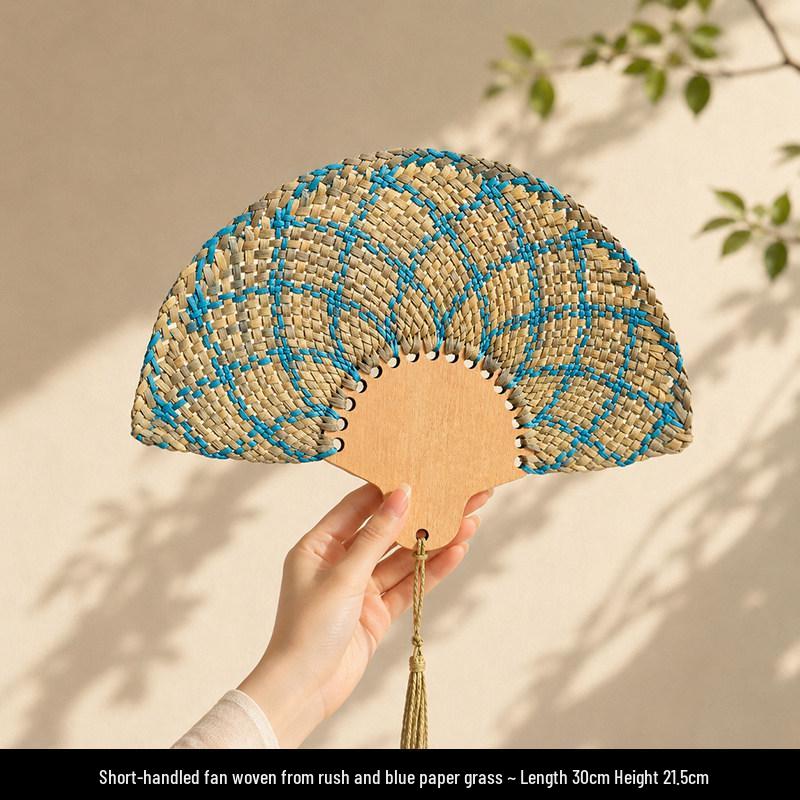 Tai Life Women's Handmade Wabi-sabi Cattail Fan: Artistic Summer Rattan Craft, Chinese Style Intangible Heritage Round Fan