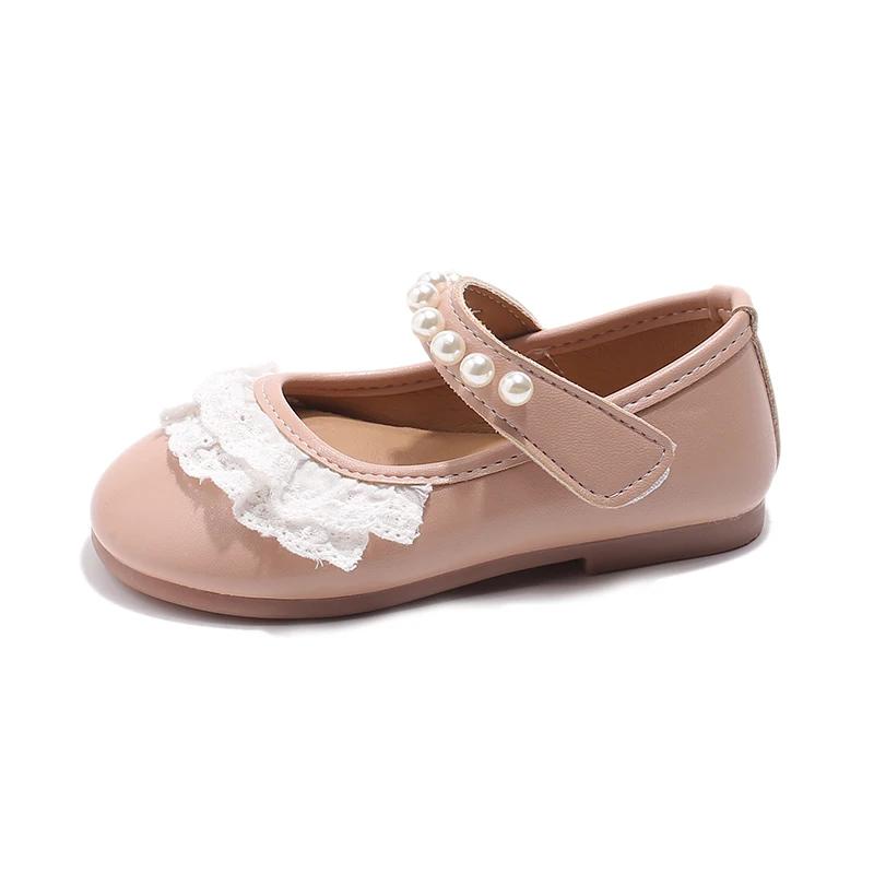Little Girls Flats with Lace Beading 2025 Spring Autumn Brand New Soft Sweet Princess Kids Leather Shoes for Wedding Party Cute