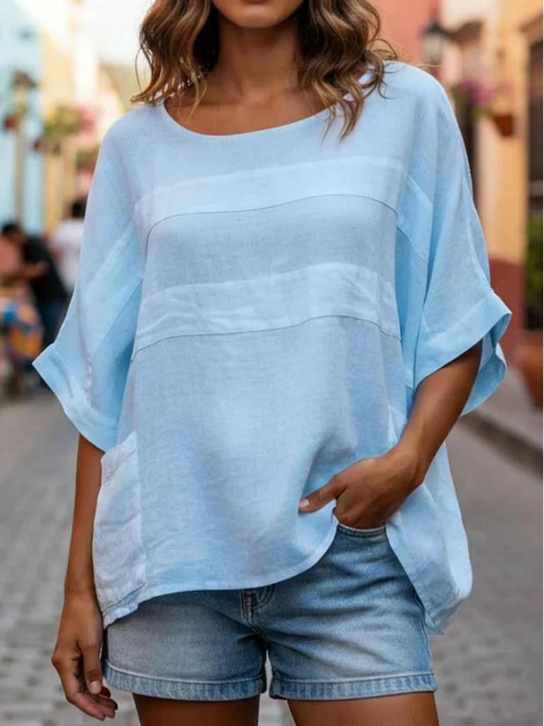 European & American Women's Summer Casual Loose Top - Round Neck, 3/4 Sleeve