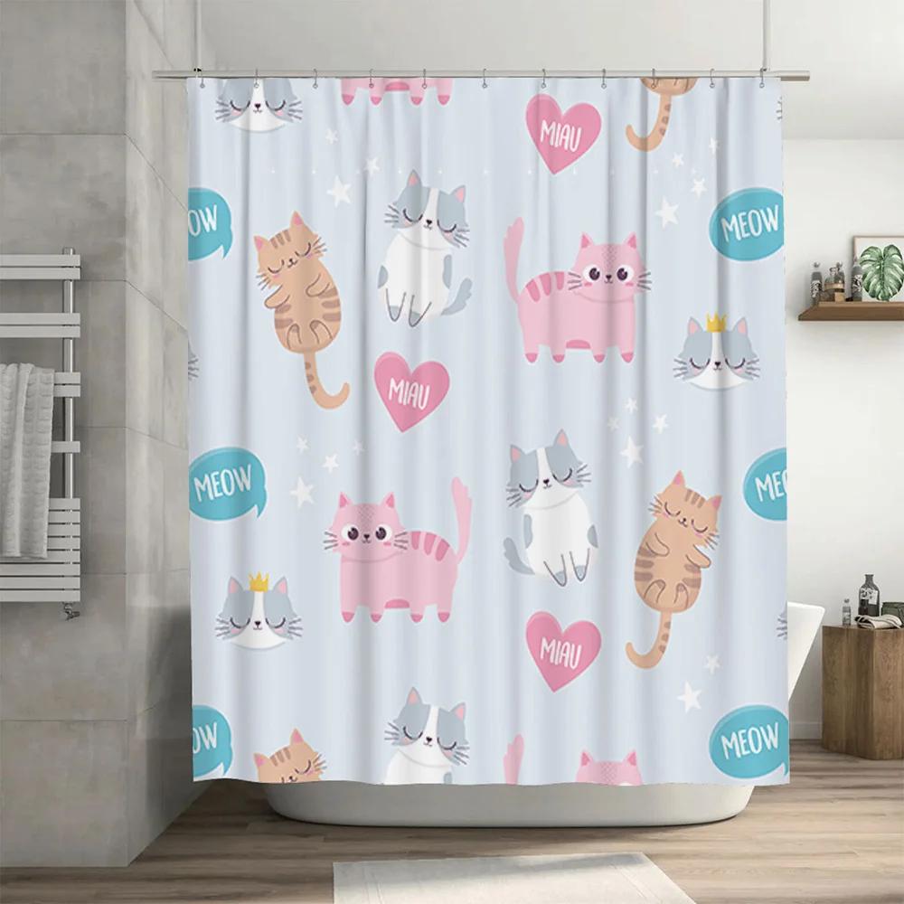 Adorable Cat Pattern Shower Curtain Set for Bathroom Decor Pink and Blue Colors Included, 72 x 84 Inch Size Perfect Fit for Bath