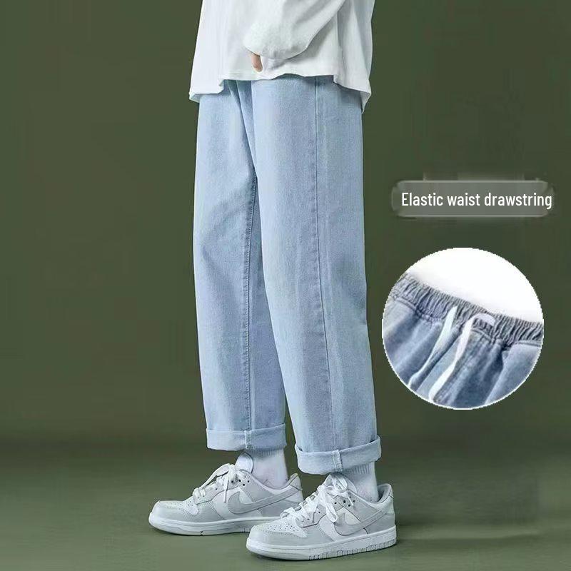 

Мужские летние джинсы широкого кроя светлых оттенков: Тонкие, Свободные, Прямые, Эластичная талия, Гонконгский стиль, Повседневные длинные брюки XL светло-синий