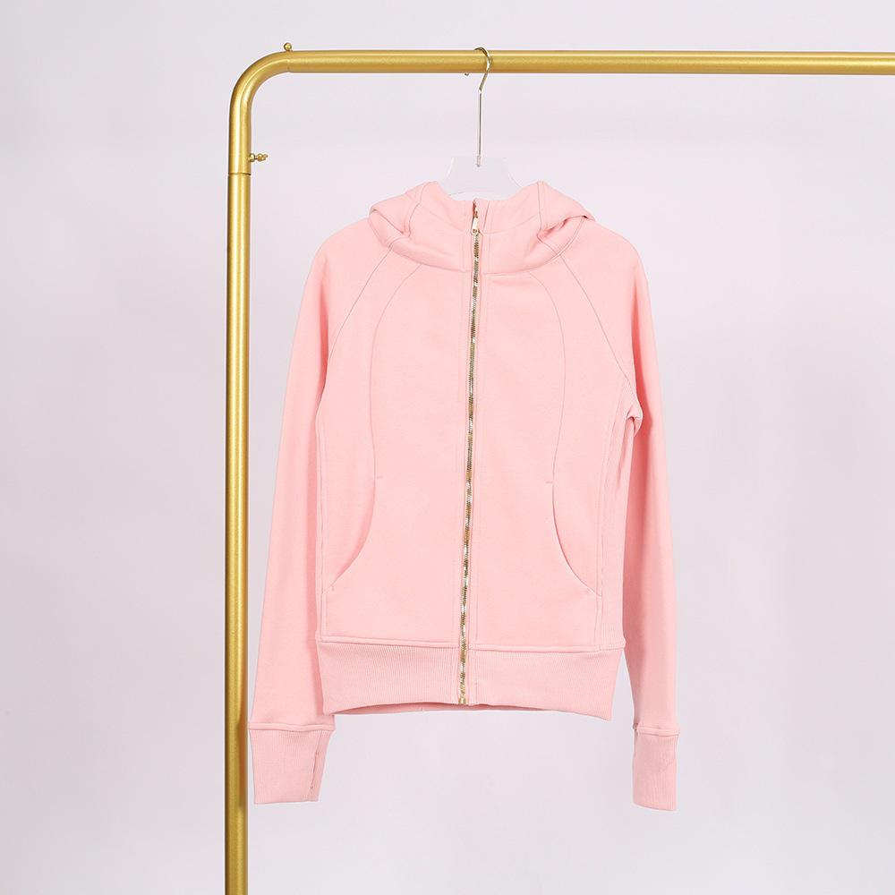 LULU Embossed Slim Fit Full Zip Fleece Hoodie - Gold Logo & Zipper, Casual Yoga Wear.