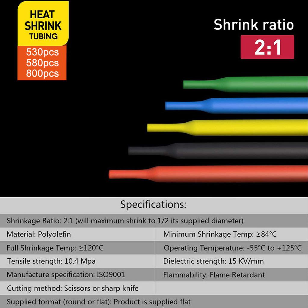 530/560/580/800PCS Heat Shrink Tubing 2:1 Electrical Wire Cable Wrap Assortment Electric Insulation Heat Shrink Tube Kit