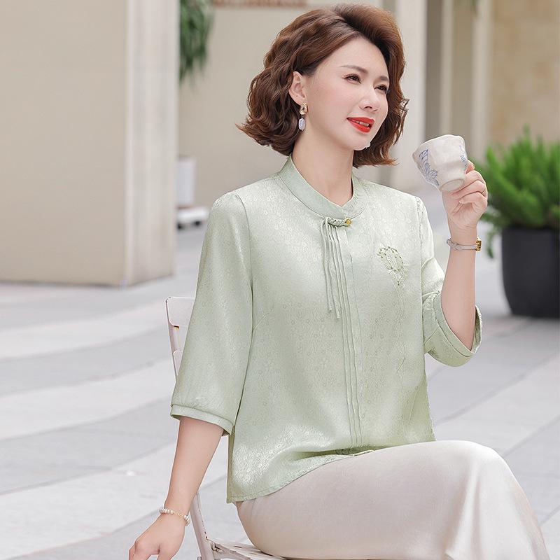 

2026 Women s Summer Mid-Sleeve Satin Chiffon Tops for Mothers - New Styles for Middle-Aged and Elderly 5XL (155-165 lbs)