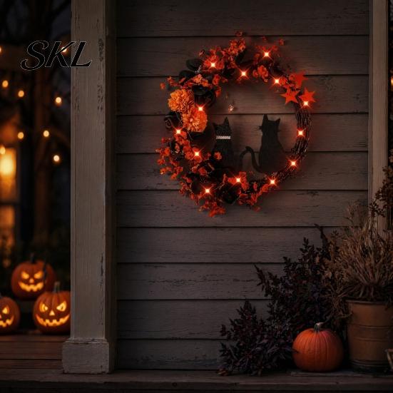 Black Cat Wreath with Lights Halloween Floral Garland, String Lights, Silhouette Romantic Decor Wreath, for Front Door Indoor Outdoor Wall Spooky And