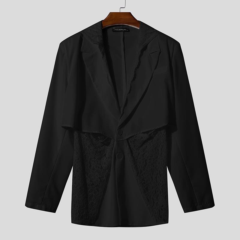 

INCERUN Мужские блейзеры для вечеринок с глубоким V-образным вырезом, длинными рукавами, кружевной отделкой и капюшоном 5XL чёрный