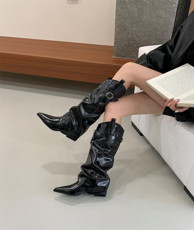 2025 European and American style pointed high-heeled patent leather glossy belt buckle high tube but knee boots knight boots female Martin boots