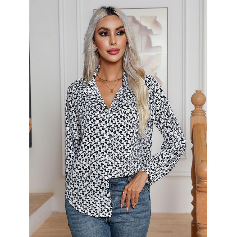 Chemisier à manches longues et col polo pour femme, imprimé géométrique, décontracté, mode patchwork, boutons, cardigan assorti, printemps-automne