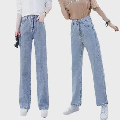 High-Waist Light Blue Straight Jeans for Plus-Size Students, Loose and Slim Fit, Perfect for Spring and Autumn.