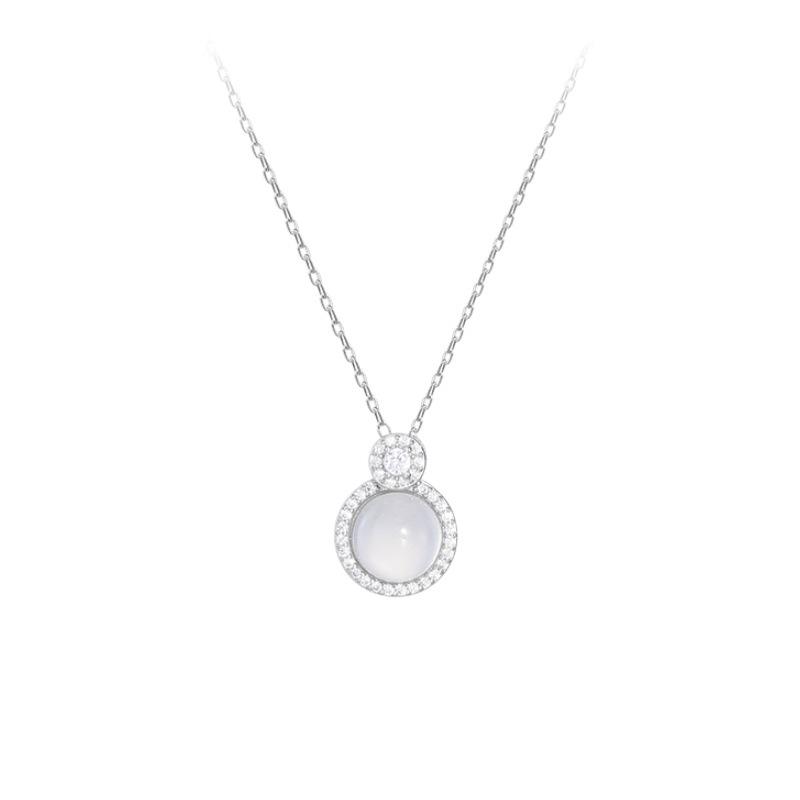 Exquisite White Chalcedony & Diamond Round Pendant Necklace - Versatile High-End Choker