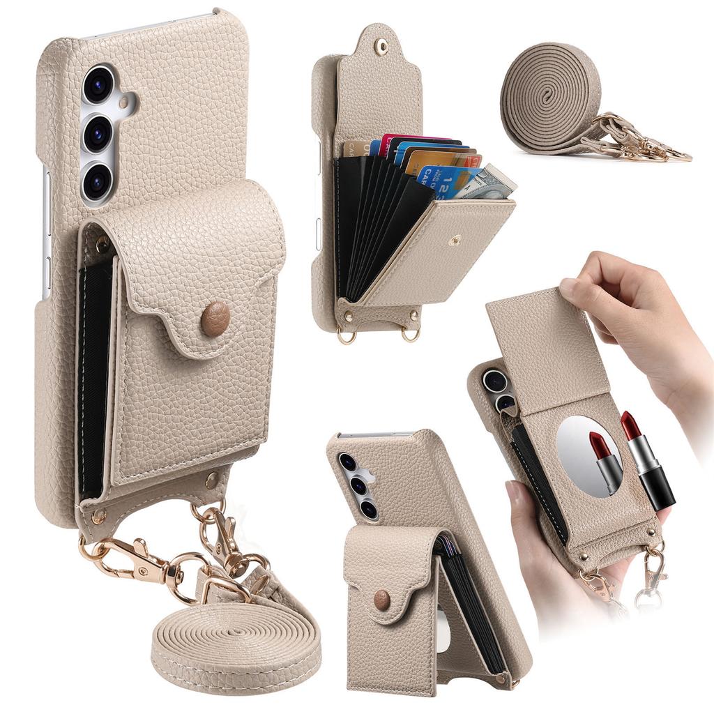 For Samsung Galaxy A16 5G/4G Case Mirror Card Holder Litchi Texture Leather Phone Back Cover with Long Strap