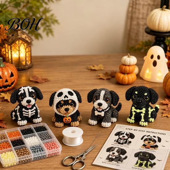 Creative Hobby Sets Halloween Dog Bead Art Set, DIY 4 Beaded Puppy Figurines, 3D Craft Kit for Kids Adults Teens, Holiday Decoration Handmade