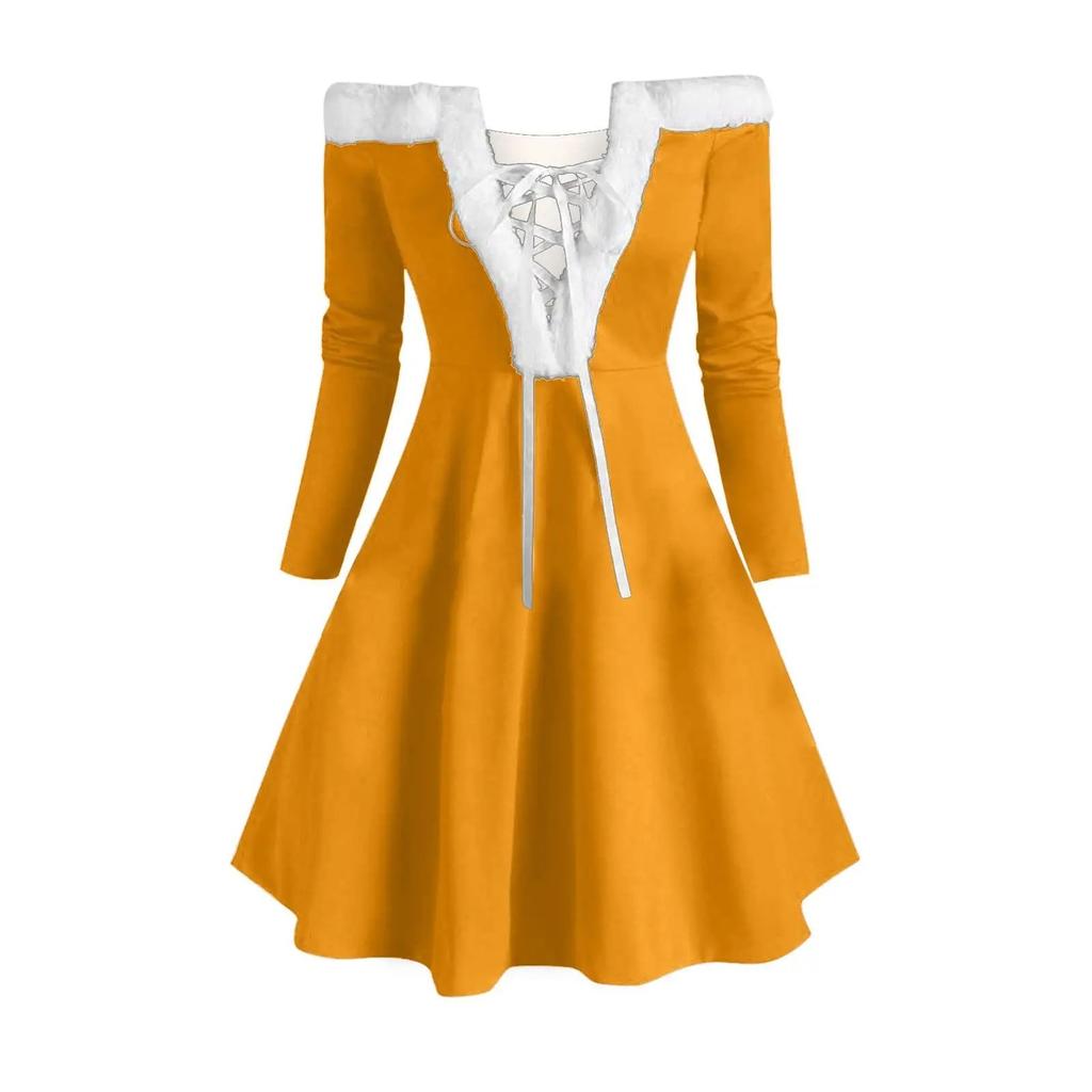 Χριστουγεννιάτικο Γυναικείο Vintage Μονόχρωμο Μακρυμάνικο Γούνινο Φόρεμα Εορταστική Στολή Πάρτι Φόρεμα Κοκτέιλ