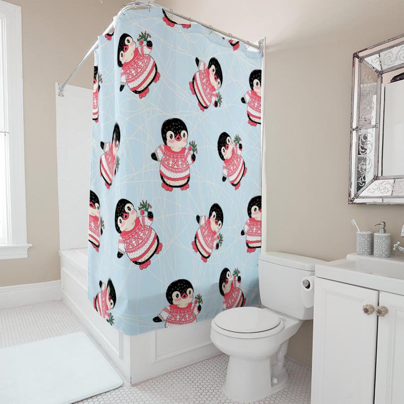 TU Cute Penguin Shower Curtain Blue Bathroom Decor Waterproof Fabric Liner Vintage Farmhouse Coastal Home Decor Set Modern Style