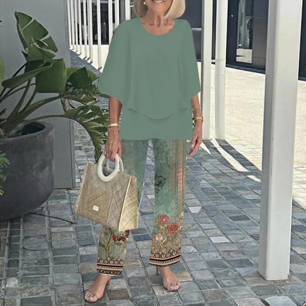 Women's Fashion Casual Loose Solid-color Cotton and Linen Two-piece Set