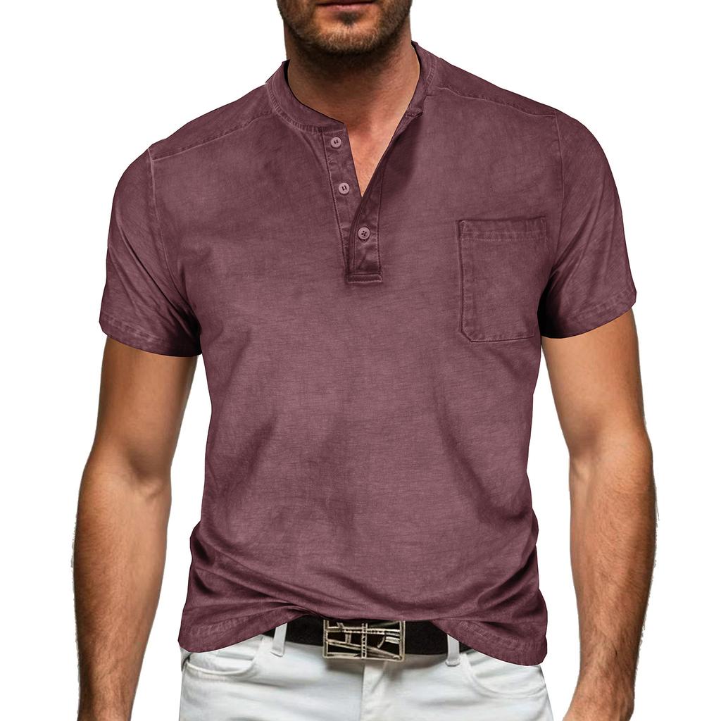 Men Henley Neck Short Sleeve T Shirt Casual Pocket Design Button Up Lightweight Soft Fabric Top for Daily Wear
