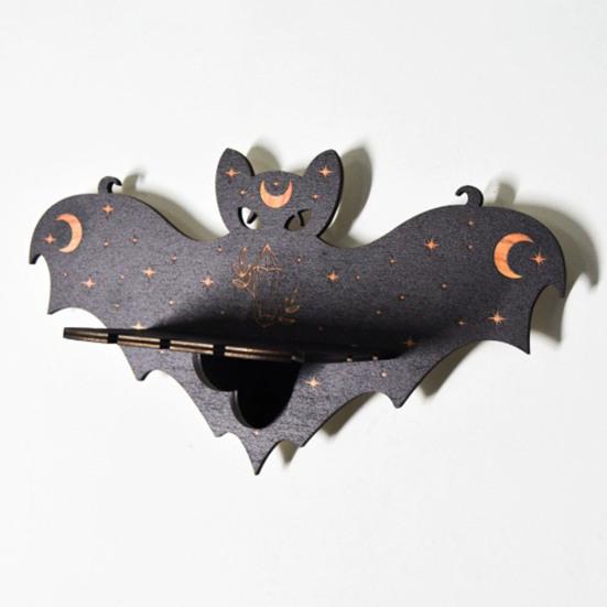 Halloween Bat Wall Floating Shelf Faux Crystal Display Shelf Wooden Candle Holder Wall Shelf Decoration Living Room Bedroom Bathroom Storage Rack