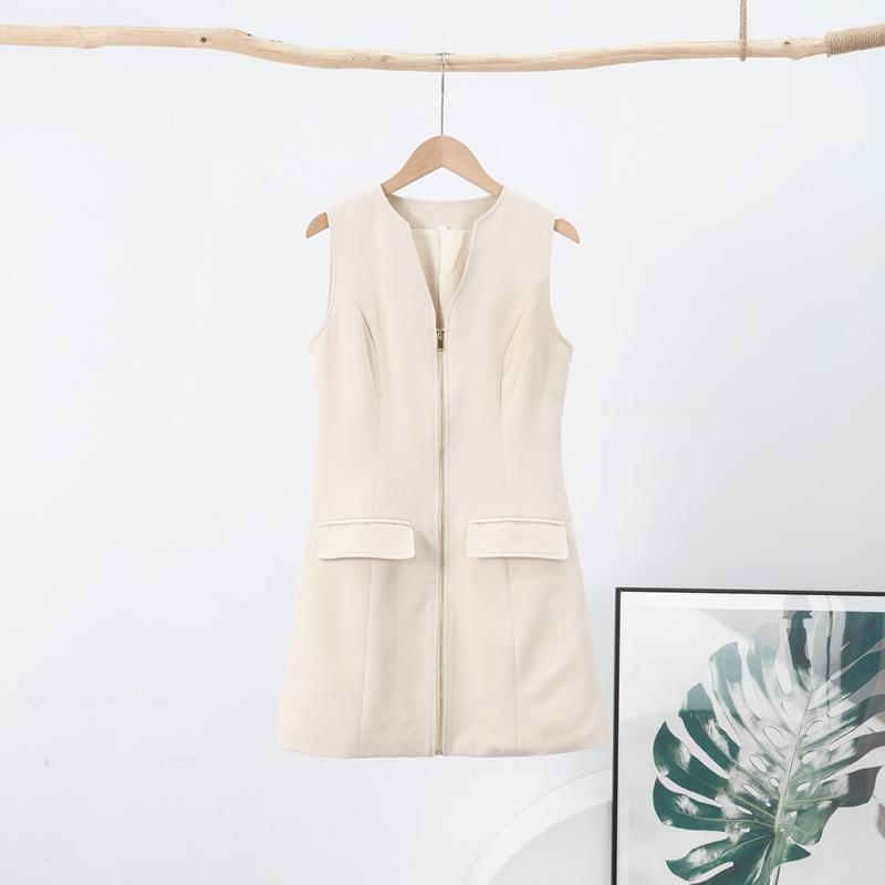 Elegant Sleeveless V-neck Dress Women's Slim Khaki Zippers Short Dresses Streetwear