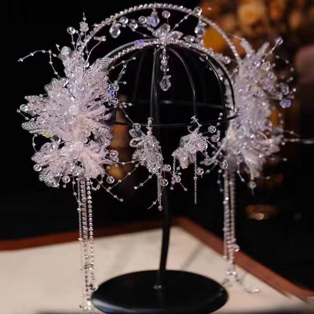 Shining Crystal Hair Hoop Flowers Fringed Bridal Headdress Fashion Head Chain  Wedding Jewelry Set