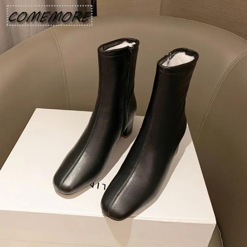 Winter Warm Plüsch Frauen Stiefeletten Mode Reißverschlüsse Elegante Dicke High Heel Schuhe Street Style Warm Halten Damen Kurze Stiefel Beige