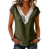 Women Casual Pullover Top V Neck Lace Trim Stitching Short Sleeve Blouse Lightweight Loose Fit Shirt for Everyday Wear