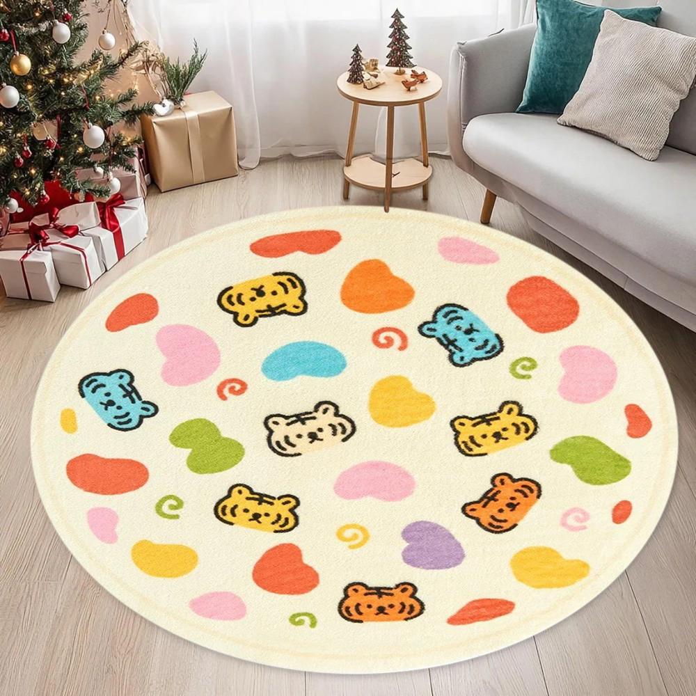 

Purple Green Cute White Tiger Round Carpet Bedroom Living Room Anti Slip Floor Mat Kids Room Decor Animal Pattern Area Rug 80cm x 80cm