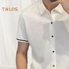Men Shirt Lapel Short Sleeve Buttons Placket Shirt Tops with Stripes Trim Breathable Summer Casual Shirt