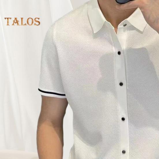 Men Shirt Lapel Short Sleeve Buttons Placket Shirt Tops with Stripes Trim Breathable Summer Casual Shirt