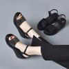 Fashion 2025 Summer Bling Chunky Platform Wedges Open Toe Slides Shoes Soft Leather Medium Heels Sandals Women Cutout Black Beach Sandal