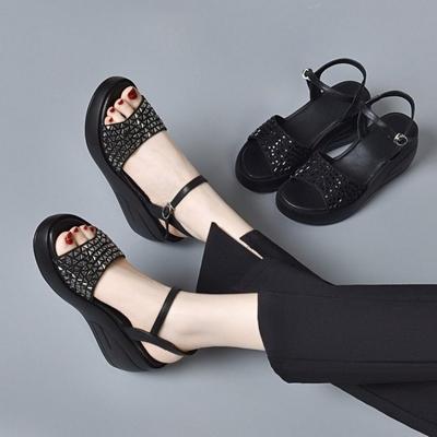 Mode 2025 Sommer Bling Klobige Plateau Wedges Zehenfreie Pantoletten Schuhe Weiches Leder Mittelhohe Absätze Sandalen Damen Cutout Schwarz Strandsandale