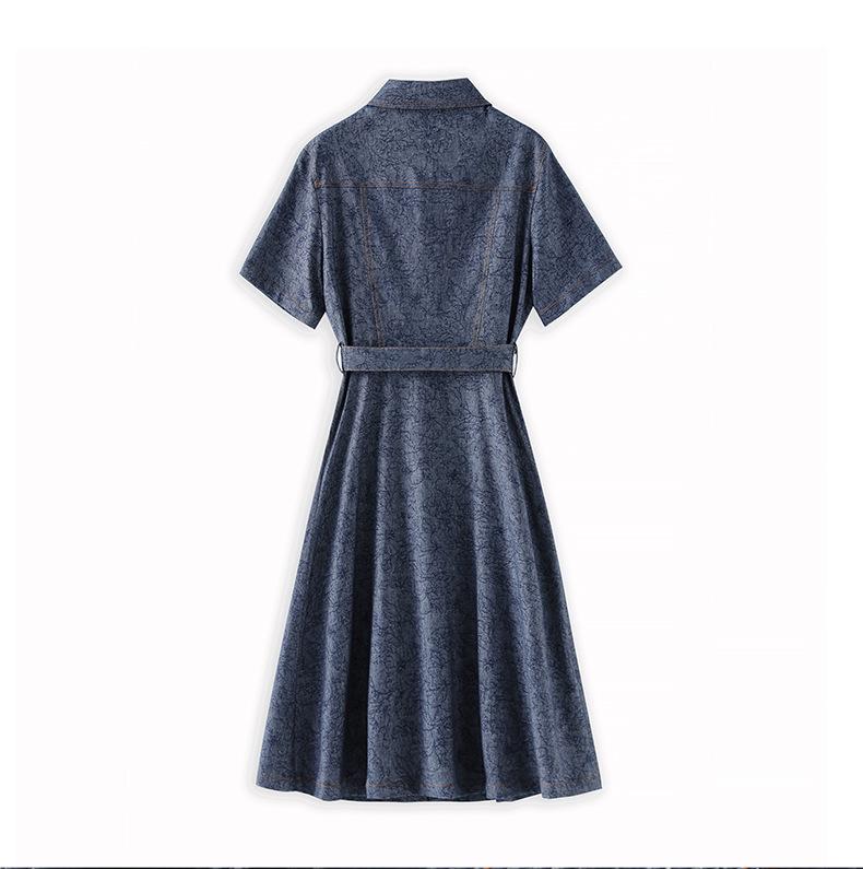 Retro Jacquard Denim Slimming Mid-Length Dress for Women - Summer Style