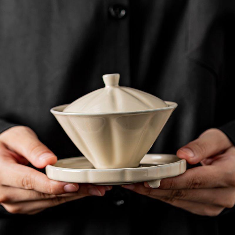 Ru Kiln Gaiwan Bamboo Hat Shaped Ceramic Bowl Chinese Kungfu Tea Set Household Teacup Retro Saucer Tea Tureen Teaware Drinkware