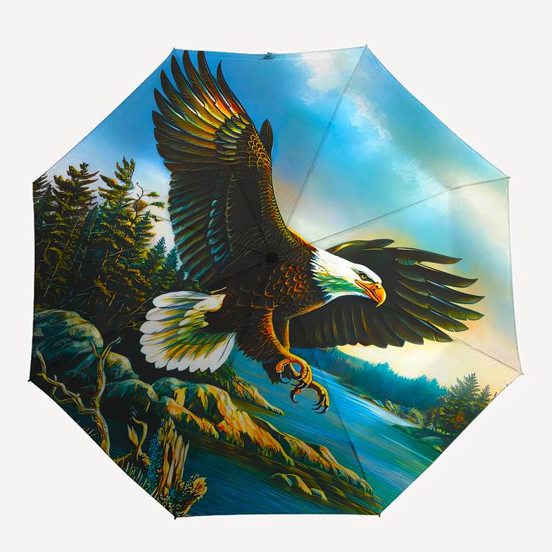 Eagle, Nature Automatic folding umbrella  simple eight rib design, bright color pattern, durable iron frame, ideal for travel and outdoor, b