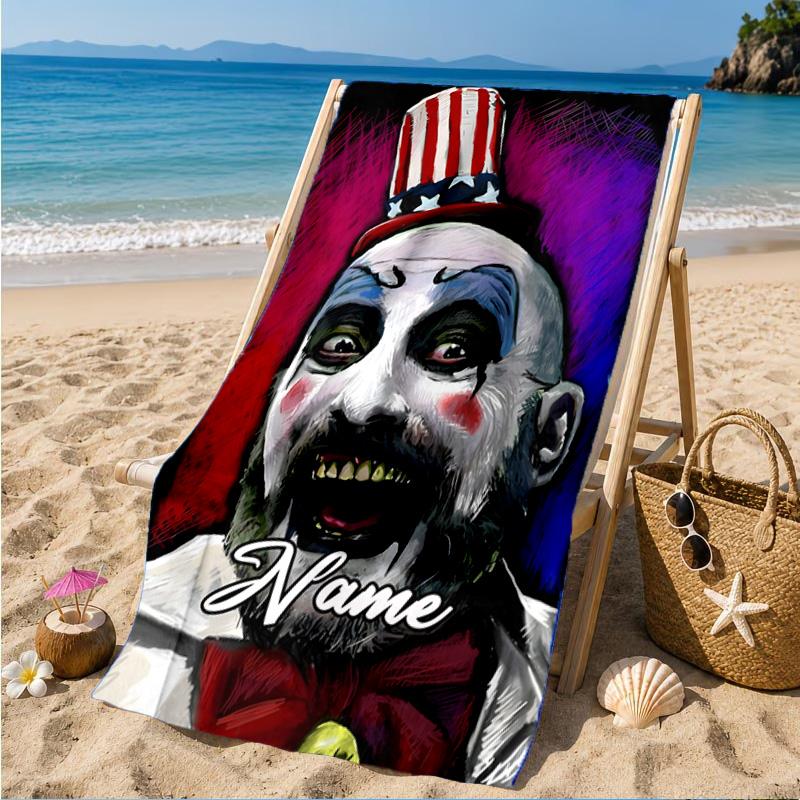 Custom Name Horror Clown Artwork Heart In Space Adventure Microfiber Beach Towel, Lightweight for Summer Travel, Swimming Pool Fan Gift