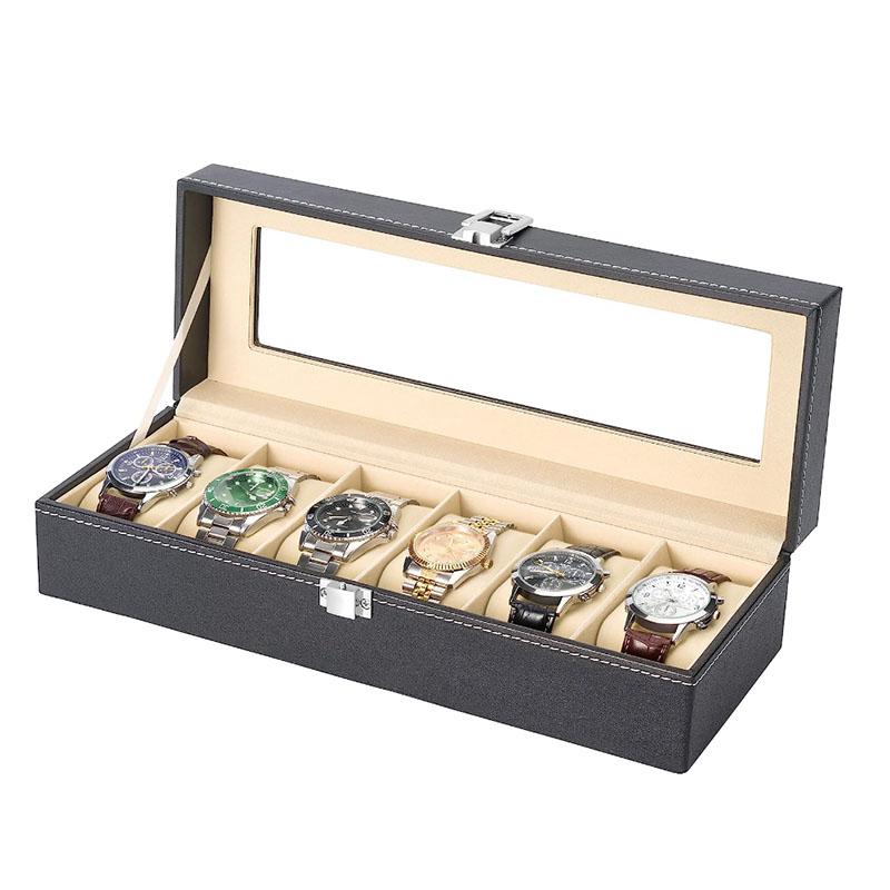 

6-Seater Faux Leather Watch Box with Glass Cover - Elegant Black Rectangular Display Case Watches & Jewelry, Soft Suede Lining 30-11-8cm