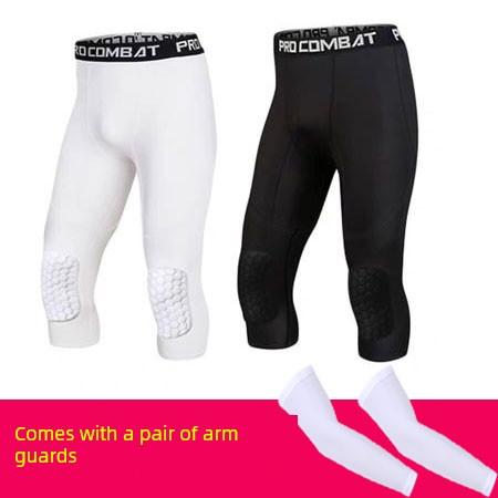 Basketball Leggings Kniepolster Integriert Wabenförmig Kollisionsschutz Training Sport Hohe Elastizität Basketball Professionelle Tights Herren Cropped L weiß/schwarz