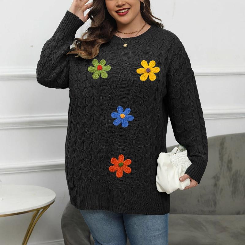 Women's Pullover Women's Round Neck Three-dimensional Embroidered Flower Splicing Bottoming Sweater Top