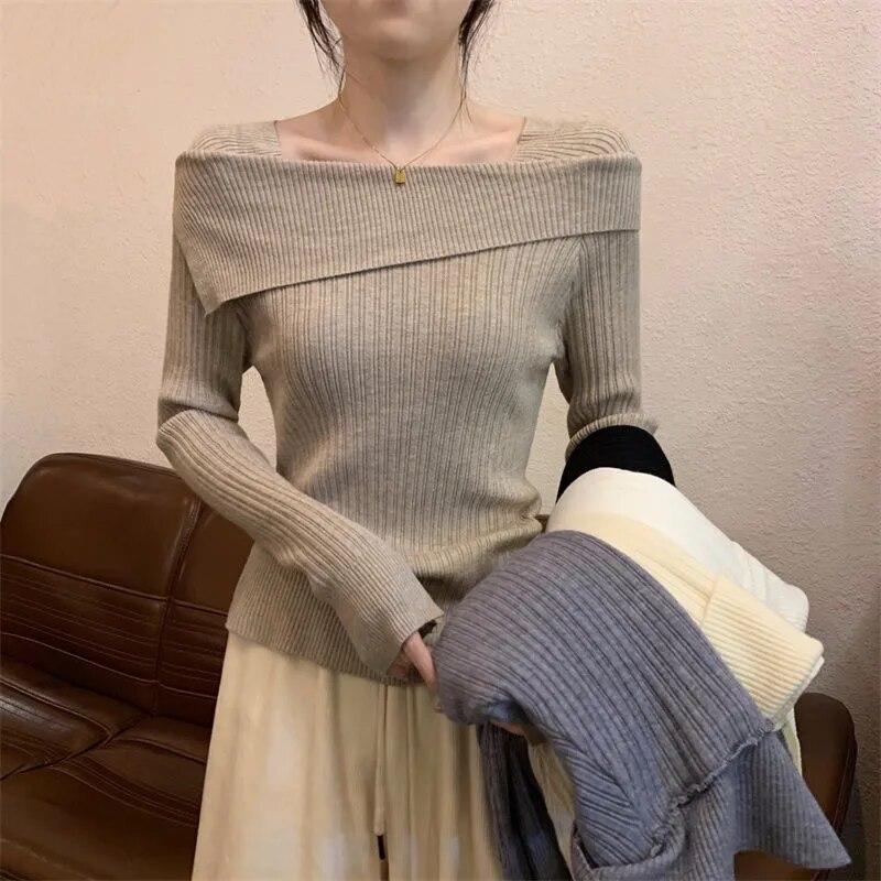Slash Neck Knitwear Off Shoulder Top Women's Thin Bottomed Shirt Slim Long Sleeve Hotsweet Casual Commuting New Fashion