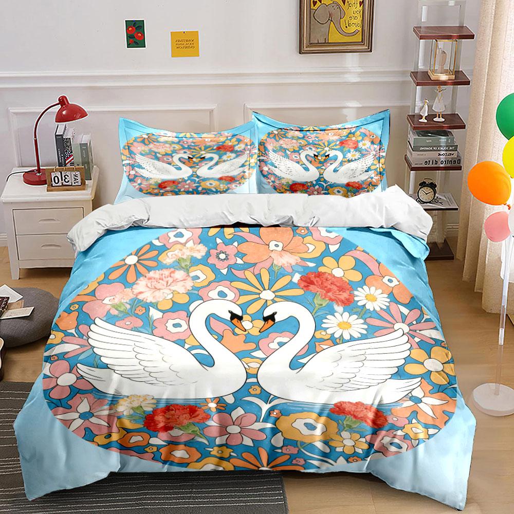 Romantic Swan Floral Decor Set Soft Comfortable Duvet Cover Bedding Set Included 1*Duvet Cover & 2*Pillowcases, Gift