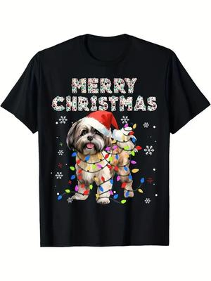 Shih Tzu Hund mit Weihnachtsmannmütze und Merry Christmas Lichter Grafik T-Shirt S-5XL Q7458