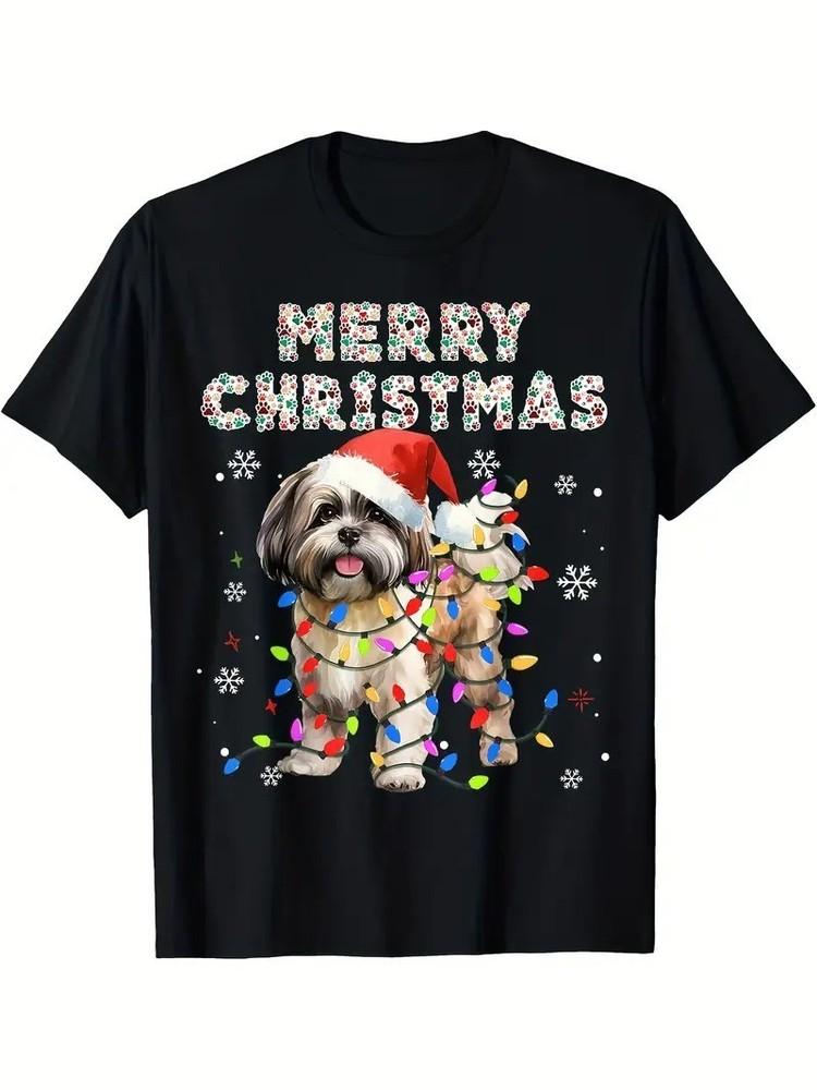 Shih Tzu Dog in Santa Hat and Merry Christmas Lights Graphic Shirt S-5XL Q7458
