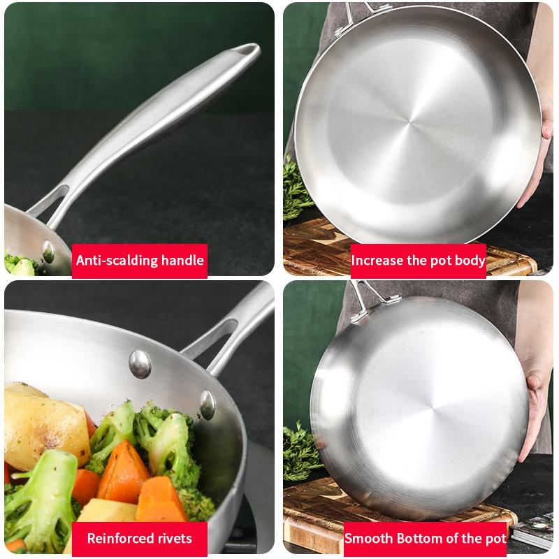 11Inch Frying Pan,304 Stainless Steel 2MM Thick Wok Pan 3 Ply Steel Skillet,Professional Grade Pans for Cooking