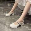 2025 New One-word Diamond Belt Rear Empty Square Head Light Mouth Low Heel Thick Heel High Heels Bag Head Mary Jane Sandals Women