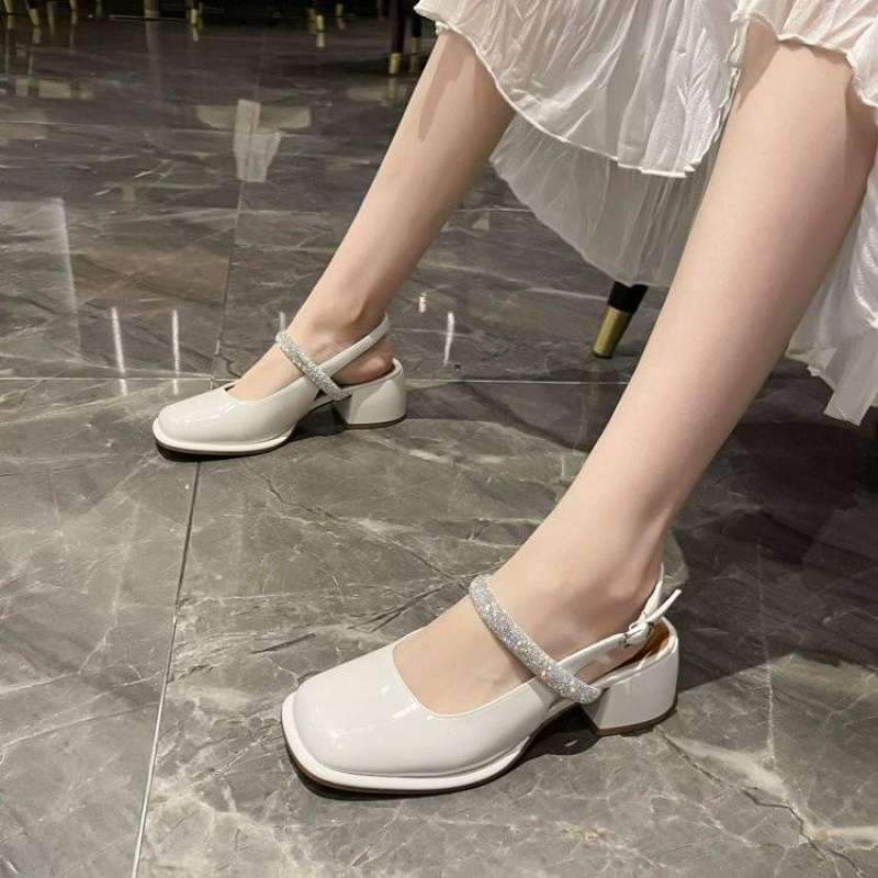 2025 New One-word Diamond Belt Rear Empty Square Head Light Mouth Low Heel Thick Heel High Heels Bag Head Mary Jane Sandals Women