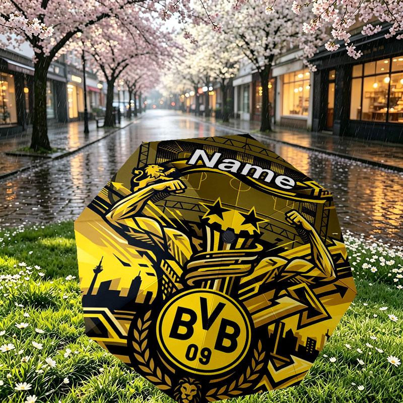 Custom Name Personalized Borussia Dortmund Bvb Print Umbrella, Auto Open Close, 8‑Rib Sturdy Frame, Commute Camping Hiking Use, Birthday Gift