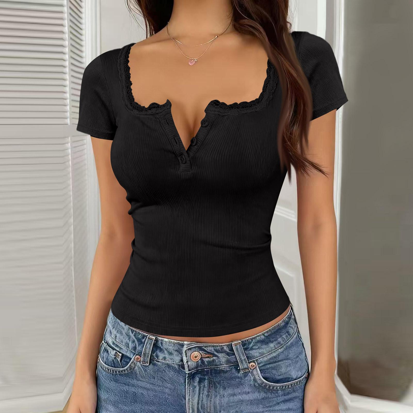 Women s Spring And Summer Lace Button V-neck Fashion Short Sleeve Top S чёрный
