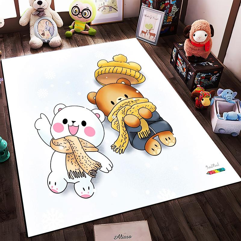 Cartoon Winter-Themed Carpet with Cute Bears In Scarves and Snowflake Background. Suitable for Use As an Anti-slip1 For1room and Bedroom Sofas