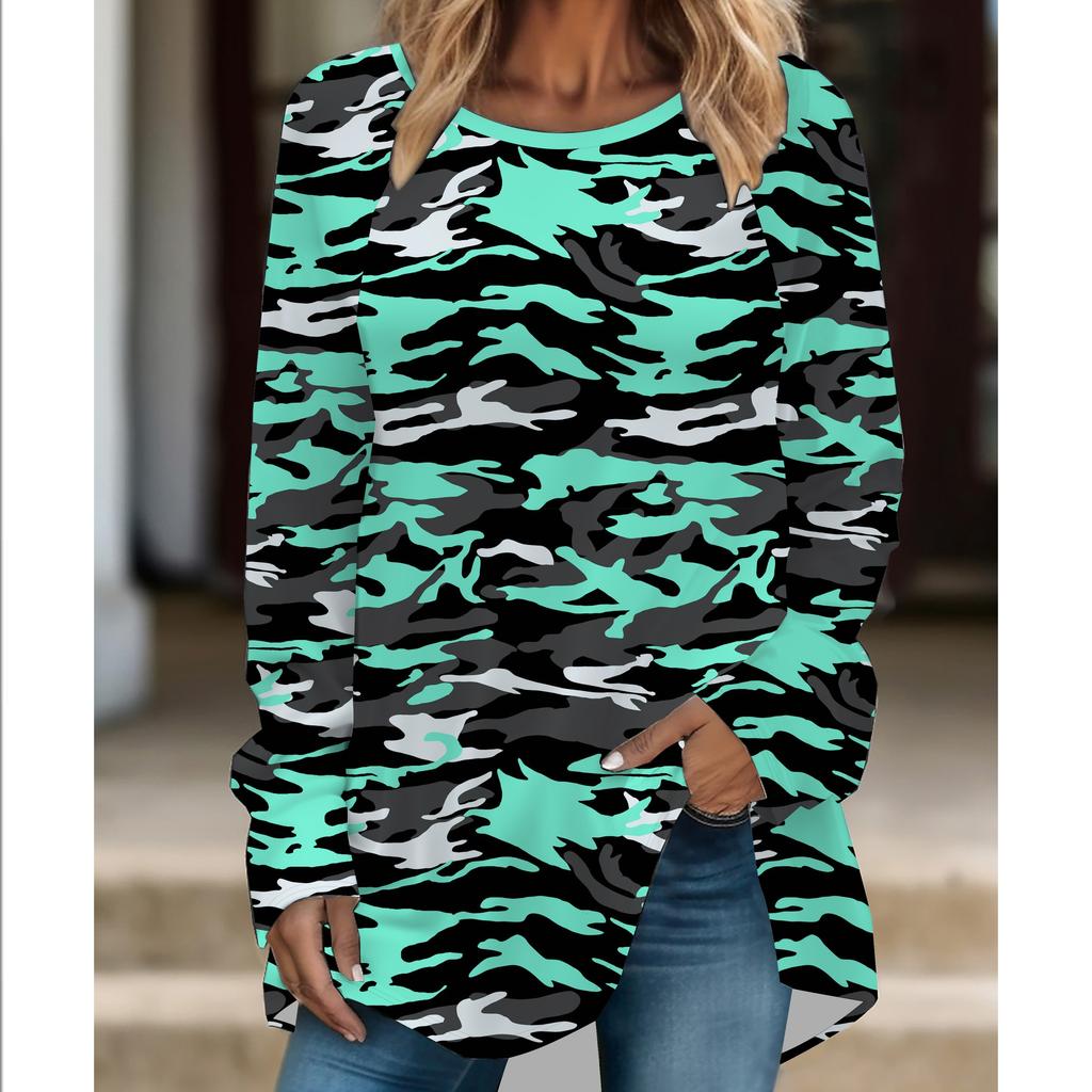 Übergröße Damen Modische Persönlichkeit Leopardenmuster Bequemes Langarm Rundhals T-Shirt Lässige Weite Mittellange T-Shirt Oberteile