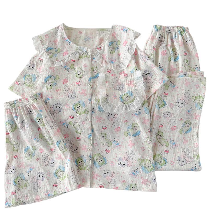 Cute Doll Collar Cartoon Cat Short-Sleeved Pajamas Women'S Summer Cloud Cotton Loungewear Three-Piece Set