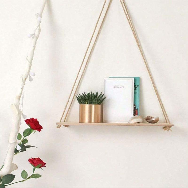 Wooden Swing Hanging Hemp Rope Wall Shelve Mounted Floating Home Living Room Plant Flower Pot Tray Storage Garden Decoration